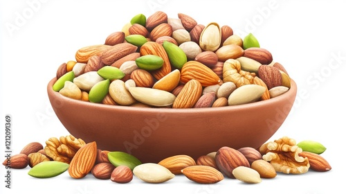 A Colorful Array of Mixed Nuts in a Terracotta Bowl - A Nutritious and Delicious Snack photo