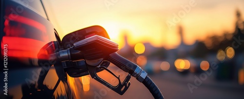 Fueling Up at Sunset: A close-up of a gas pump filling a car's tank, silhouetted against a vibrant sunset, capturing a moment of routine energy replenishment in an urban setting. photo