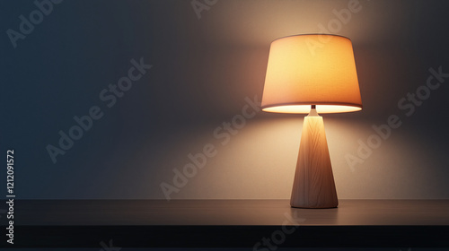 One minimalist lamp on a side table, its light soft, creating a cozy atmosphere.