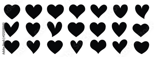 Set of hearts in black color, heart icons set vector, set of hearts different shapes for design. Heart collection. Vector art. Heart, love, romance hearts. Heart vector icons. Heart love symbol black
