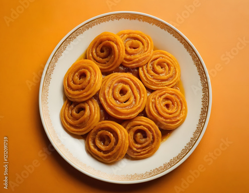 Sweet Jalebi dipped in sugar syrup is a traditional Indian sweet dish—delicious oriental sweets photo