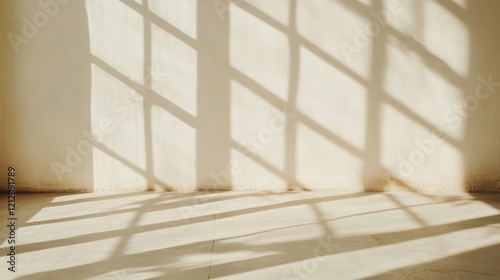 Sunlight casts window shadows on wall and floor.