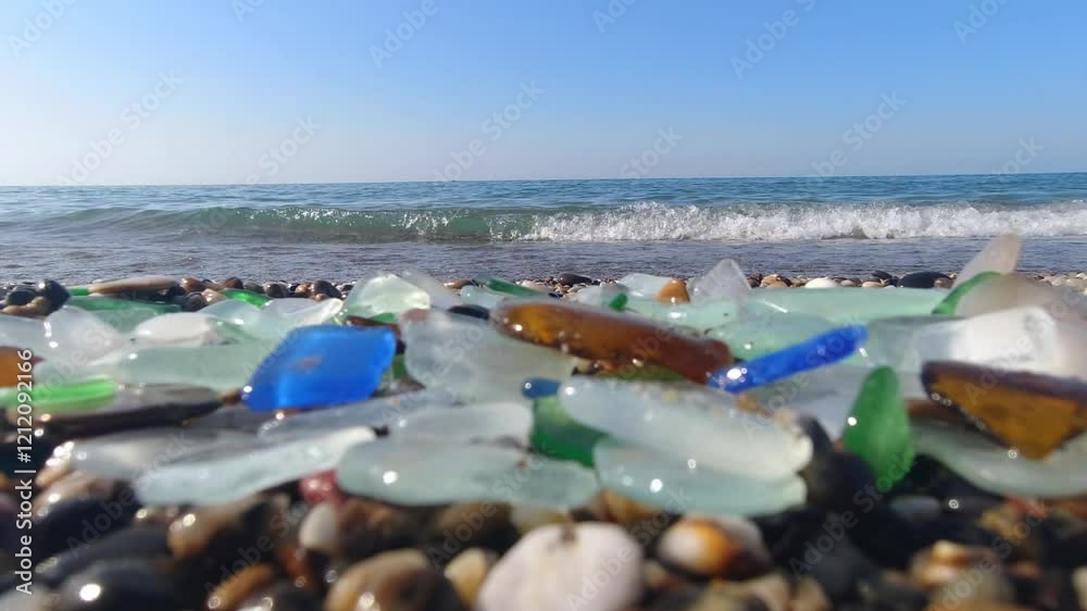 Sea glass, natural polish textured sea glass and stones on the seashore. Azure clear sea water with waves. Green, blue shiny glass with multi-colored sea pebbles close-up. Beach summer background. Sea glass, natural polish textured sea glass and stones on the seashore. Azure clear sea water with waves. Green, blue shiny glass with multi-colored sea pebbles close-up. Beach summer background.