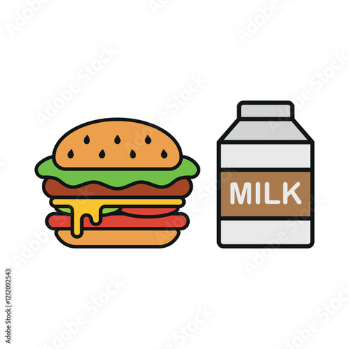 Milk bottle drink and hamburger food icon illustrated in a playful cartoon style bursting with vivid colors and cheerful vibes, making it suitable for kid-friendly content, casual games, and fun brand