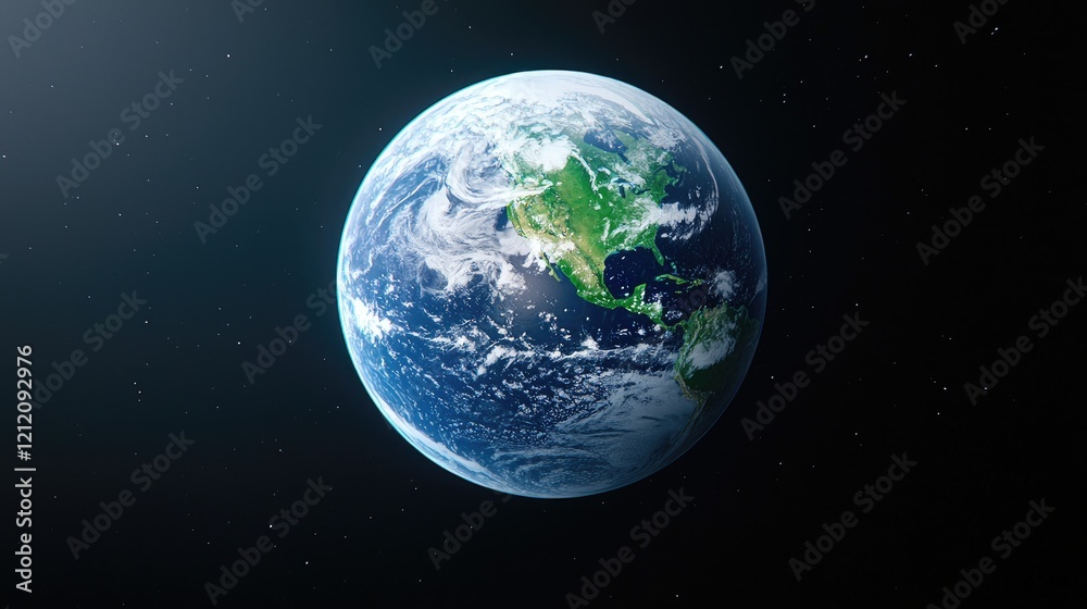 Earth from space, continents visible, dark background, environmental awareness