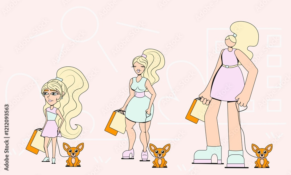 Vector drawing of variants of hyperbolized characters of girls with shopping and a dog Vector drawing of variants of hyperbolized characters of girls with shopping and a dog