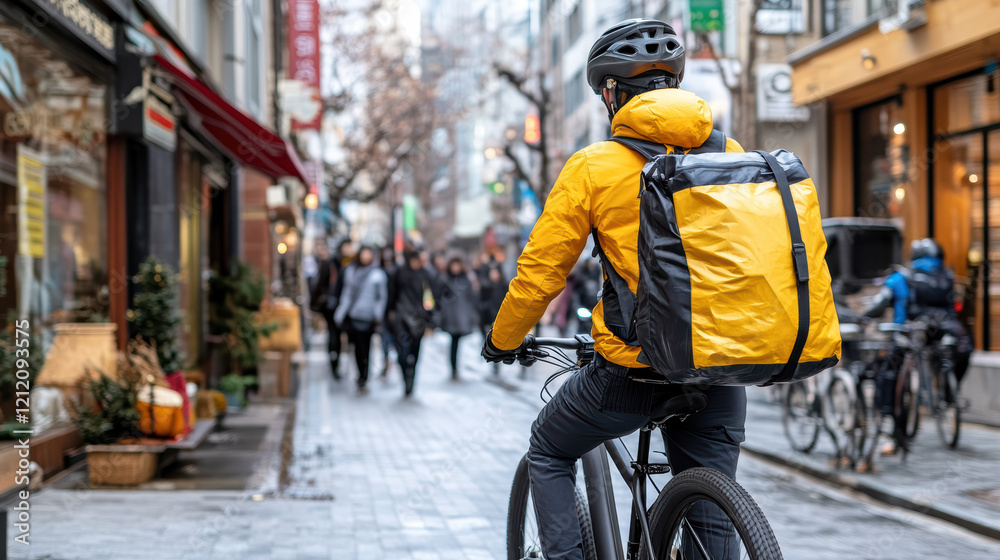 delivery person in yellow jacket rides bike through busy street delivery person in yellow jacket rides bike through busy street