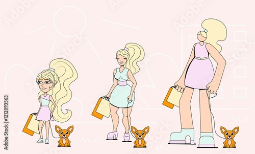 Vector drawing of variants of hyperbolized characters of girls with shopping and a dog