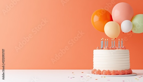 A beautifully decorated birthday cake with colorful balloons against a soft orange backdrop photo