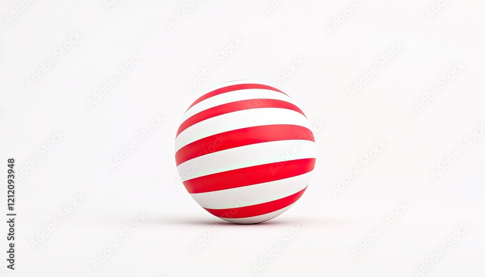 A vibrant red and white striped ball resting on a clean white surface, ideal for playful scenes A vibrant red and white striped ball resting on a clean white surface, ideal for playful scenes