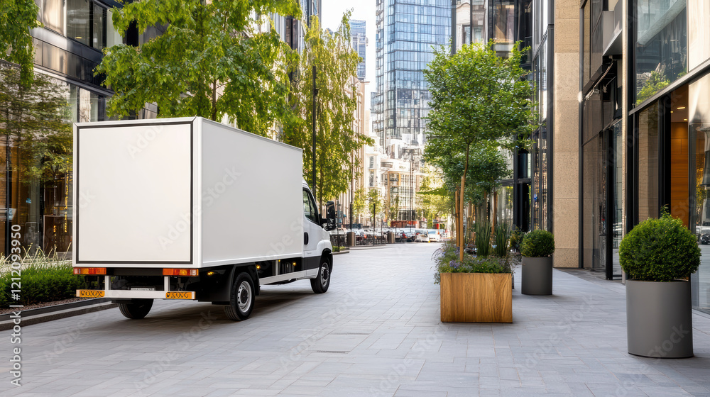 delivery truck parked in busy urban area surrounded by modern buildings and greenery delivery truck parked in busy urban area surrounded by modern buildings and greenery