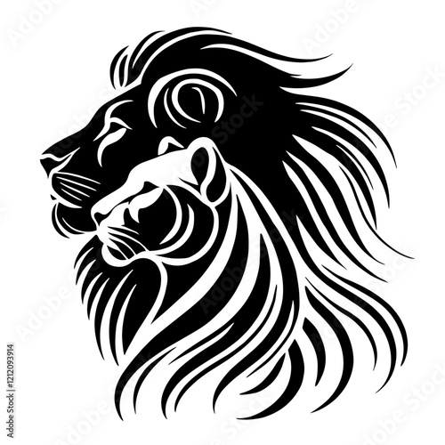 A black and white silhouette of lion with lioness, minimalist stroke lines, minimalist art, vector, isolated, transparent background 