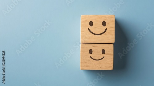 Two wooden blocks with happy face emojis on a blue background.