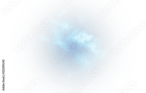 Dreamy blue fog intertwined with sparkling glitter and tiny star-like particles, creating a magical atmosphere. A touch of glowing blue vapor and celestial stardust enhances the surreal beauty