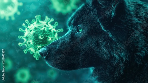 A black dog observing a virus illustration. photo