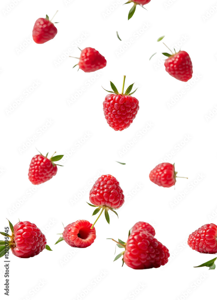 Several red raspberries with green stems floating on white transparent background Several red raspberries with green stems floating on white transparent background