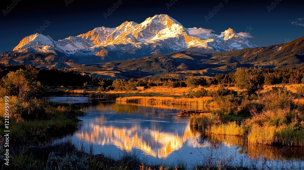 Obraz premium Majestic mountain sunrise reflected in tranquil lake
