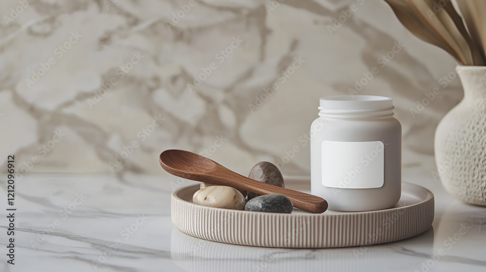 Spa-like setting with a jar, wooden spoon, and stones on a marble surface. Spa-like setting with a jar, wooden spoon, and stones on a marble surface.