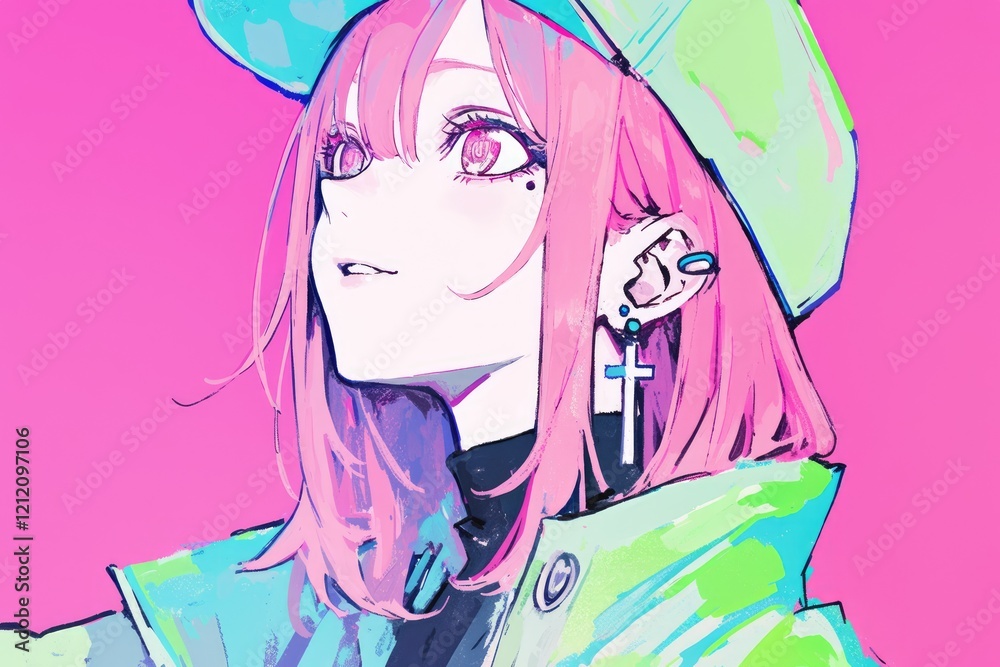 Stylish Anime Girl Pink Hair Green Jacket Stylish Anime Girl Pink Hair Green Jacket
