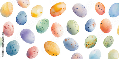 Watercolor Easter eggs background vector. Colorful speckled eggs in vibrant pastel tones. Perfect for festive designs, holiday cards, spring decorations, kids' projects, and creative banners photo