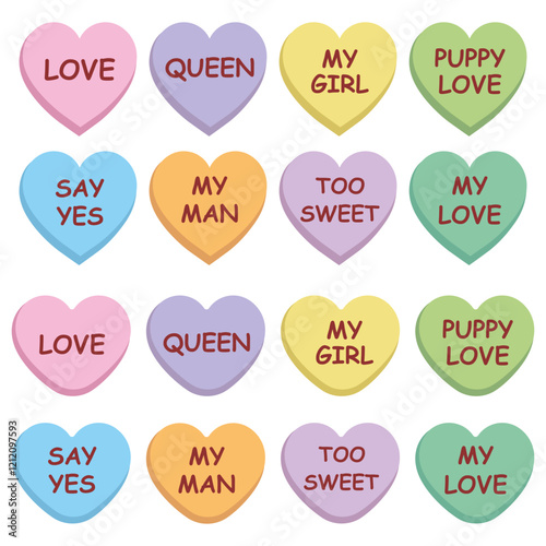 Candy Hearts. Hearts for Valentine's Day. Sweet heart candies isolated on white background. Set of  hearts. Valentine's Day sweets. Conversation hearts for love messages