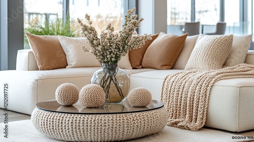 Modern living room, sectional sofa, neutral decor, coastal view, home staging
