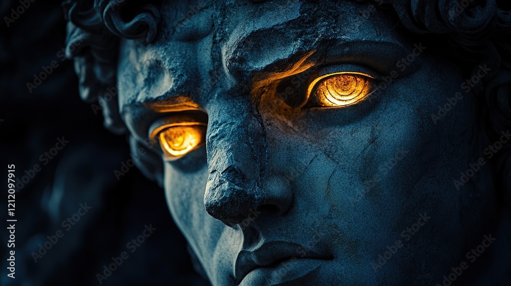 Marble sculpture of Hades with glowing golden eyes in gothic setting Marble sculpture of Hades with glowing golden eyes in gothic setting