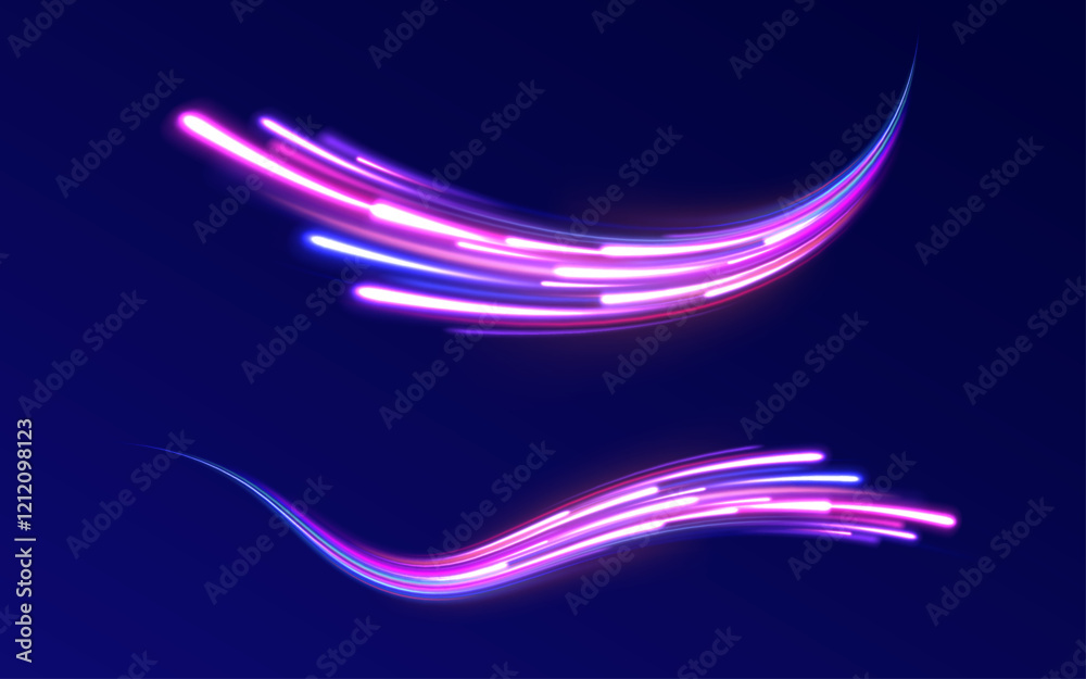 Vector glowing lines air flow effect. Speed connection background. Expressway, car headlight effect. Speed connection vector background. Png, line, blur, beam, ray, abstract, energy, pack, effect.