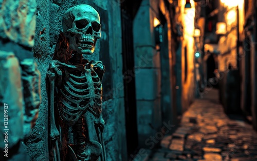 Mischievous skeleton sneaking around in a dark alley, smirking like itâ???s up to something