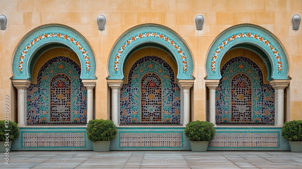 Obraz premium Moorish arches, courtyard, mosaic, building, tranquil, design, travel, architecture, serene