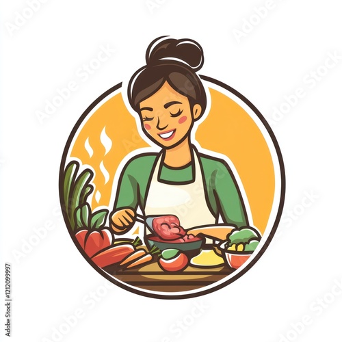 Woman cooking vegetables, cartoon illustration, kitchen scene, food preparation, home cooking