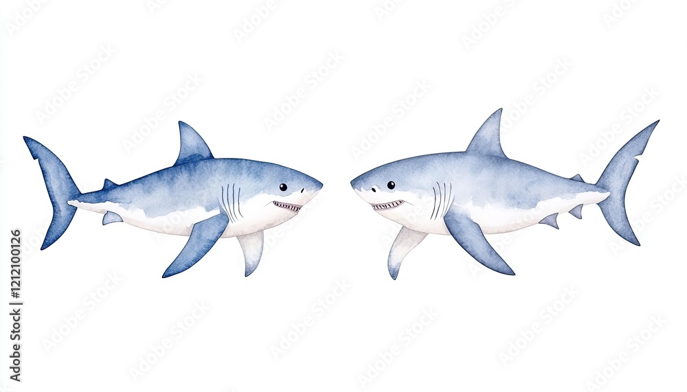 Obraz premium Two watercolor sharks swimming side by side in a serene ocean setting with light waves