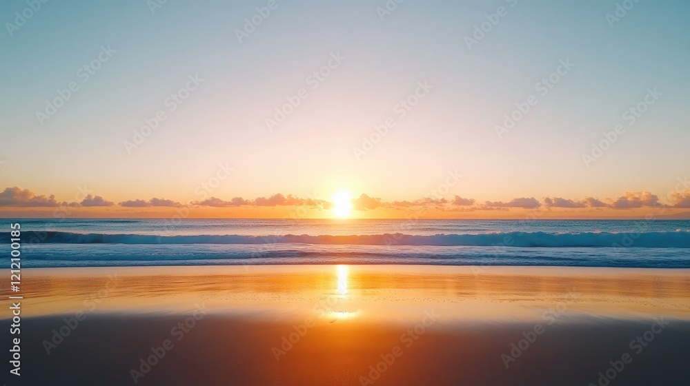 Obraz premium Serene sunrise over calm ocean waves with colorful reflections on wet sand at dawn