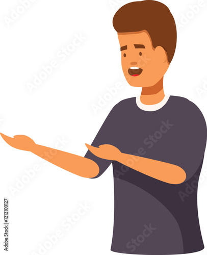Happy male character showing something with his hands and smiling