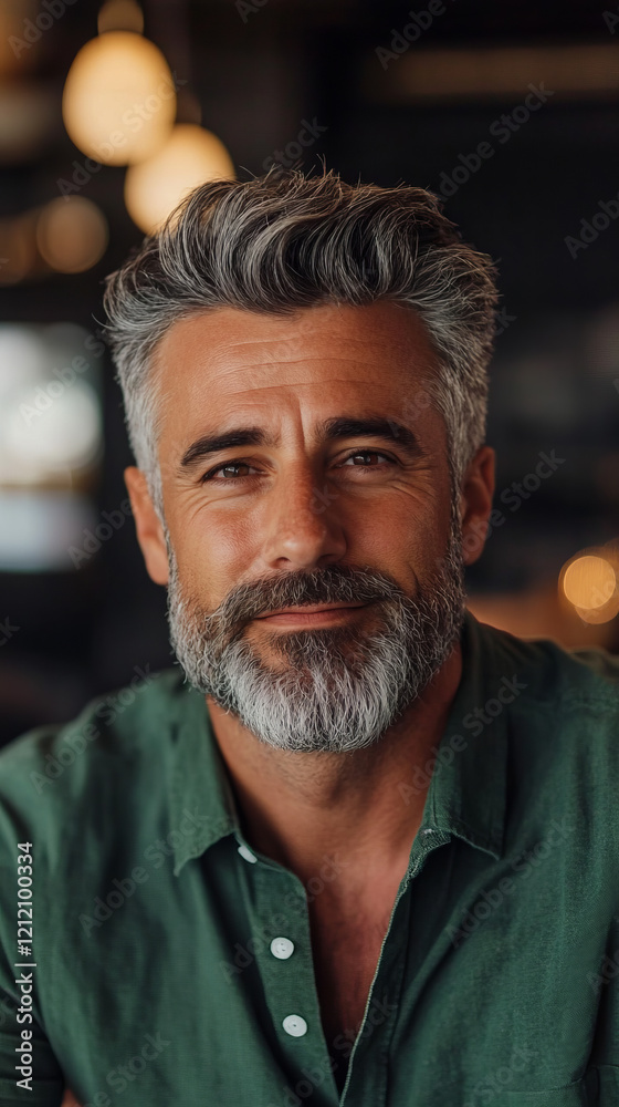 Handsome 50s mid age physically fit senior man model dark hair smiling mature stylish beard close up green festive shirt face well groomed skincare fitness St. Patricks Day party background Handsome 50s mid age physically fit senior man model dark hair smiling mature stylish beard close up green festive shirt face well groomed skincare fitness St. Patricks Day party background