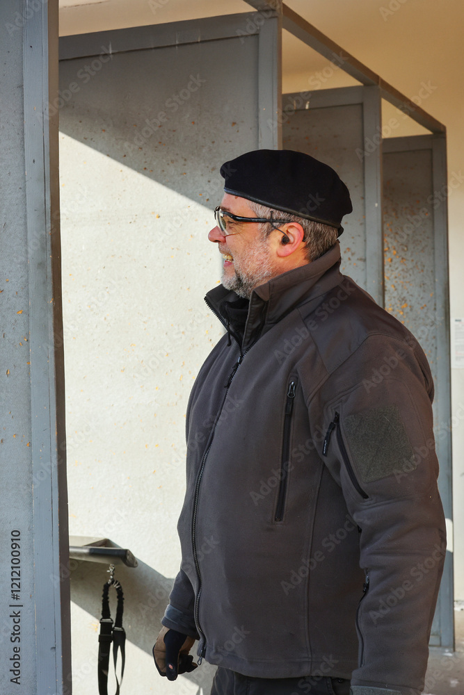 An instructor of shooting in a beret at a shooting range An instructor of shooting in a beret at a shooting range