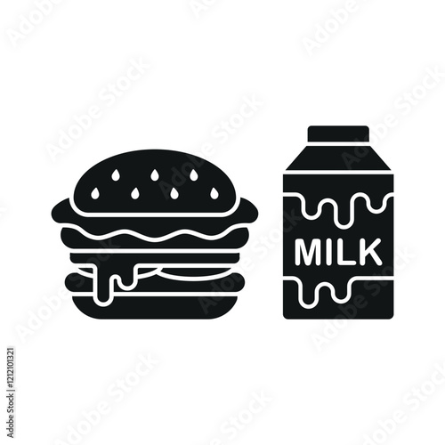 Milk bottle drink and hamburger food icon illustrated in a playful cartoon style bursting with vivid colors and cheerful vibes, making it suitable for kid-friendly content, casual games, and fun brand