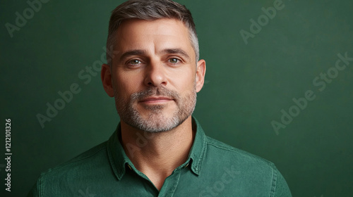 Handsome 50s mid age physically fit senior man model dark hair smiling mature stylish beard close up green festive shirt face well groomed skincare fitness St. Patricks Day party background