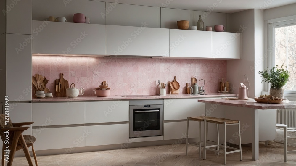 Fototapeta premium Blush Pink Modern Kitchen: Minimalist Design with Subtle Elegance