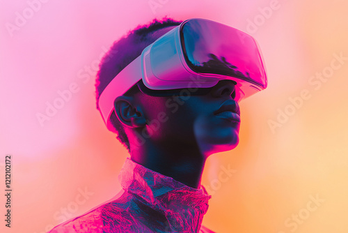 A dynamic double exposure portrait showcases a young Black man immersed in a futuristic cyber neon world, wearing VR glasses that symbolize life in virtual realit photo