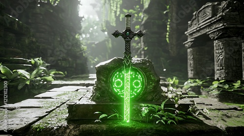 Glowing sword in ancient jungle ruins; fantasy game asset