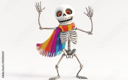 Cute and goofy skeleton wearing a colorful scarf, waving and grinning cheerfully, stylized 3D cartoon character on a white background