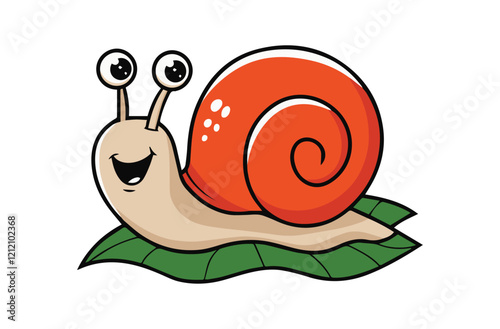 Snail vector isolated icon. Snail Emoji, Snail snail with a bright red shell. snail is moving forward on a green leaf.