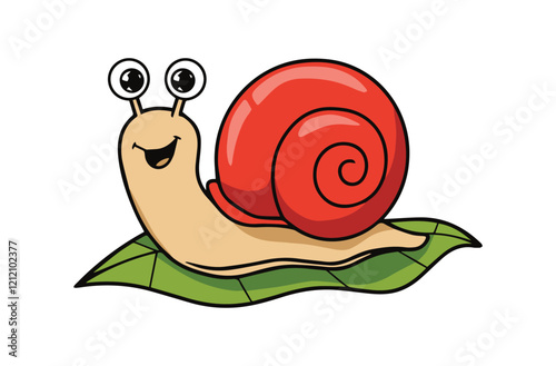 Snail vector isolated icon. Snail Emoji, Snail snail with a bright red shell. snail is moving forward on a green leaf.