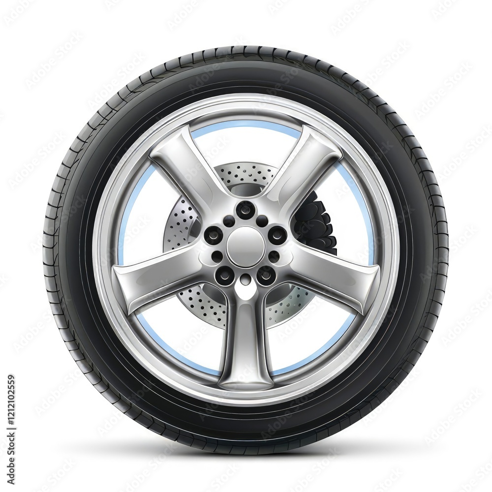 A shiny alloy wheel with a tire, showcasing a modern automotive design. isolated on white background A shiny alloy wheel with a tire, showcasing a modern automotive design. isolated on white background