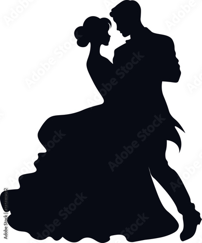 The silhouette of a couple in love, newlyweds, the bride and groom dance waltz