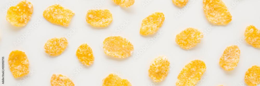 Yellow dry corn flakes on light gray table background. Closeup. Wide banner. Food pattern. Top down view. Yellow dry corn flakes on light gray table background. Closeup. Wide banner. Food pattern. Top down view.