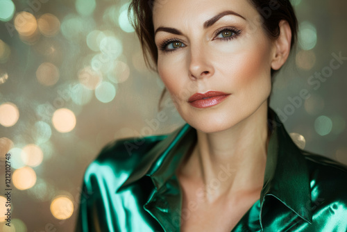 Beautiful 50s mid age beautiful physically fit senior model dark hair smiling mature stylish woman close up green festive shirt earrings face makeup skincare fitness St. Patricks Day party background	