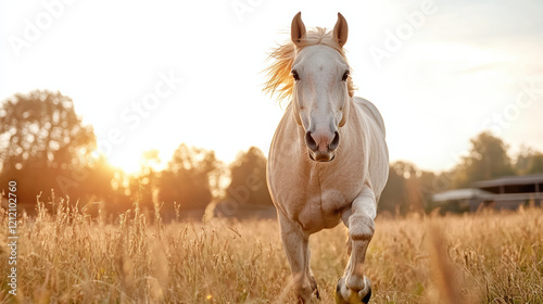 horse running freely in open field during sunset, showcasing joy and freedom