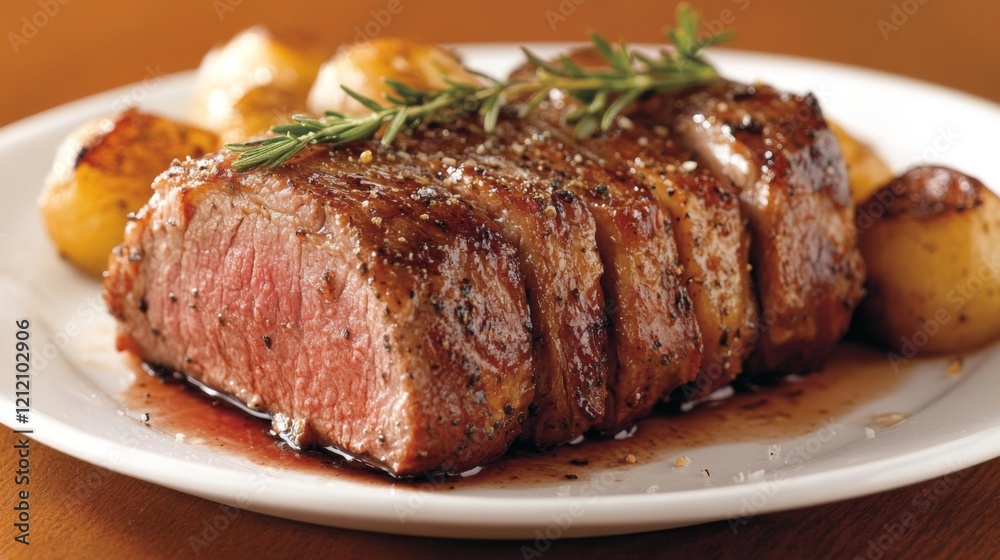 Sliced grilled steak with roasted potatoes and rosemary sprig on a white plate. Sliced grilled steak with roasted potatoes and rosemary sprig on a white plate.